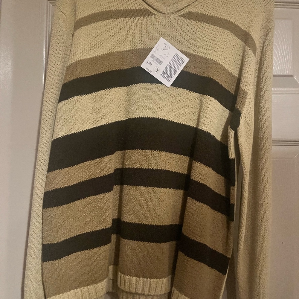 Casual Corner unisex V-Neck Sweater - Cream and Brown Stripes large